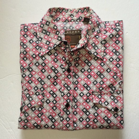 Roper Mens Western Shirt Medium Red Black Beige Square Domino Print Long Sleeve - Picture 1 of 9